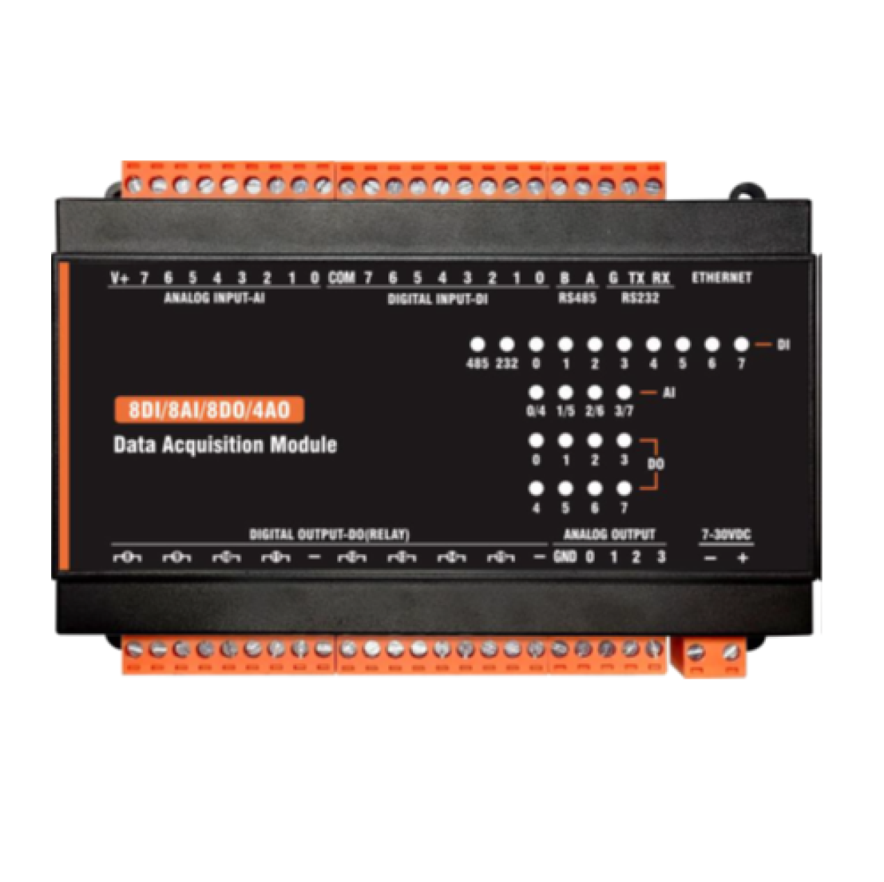Modulo input-output Modbus RTU e TCP-IP con 8 input digitali, 8 analogici, 8 output a relè e 4 analogici da barra DIN